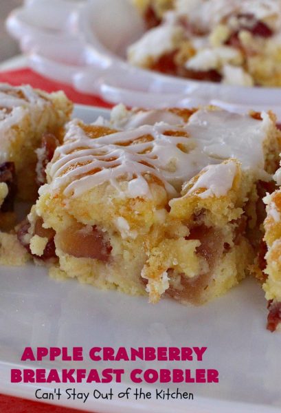 Apple Cranberry Breakfast Cobbler | this amazing #recipe is half #cobbler and half #CoffeeCake. It's made with a can of #AppleCranberryPieFilling & tastes absolutely scrumptious. It's great for a #holiday #breakfast like #Thanksgiving or #Christmas. Every bite will have you drooling! #AppleCranberryBreakfastCobbler #BreakfastCobbler #HolidayBreakfast