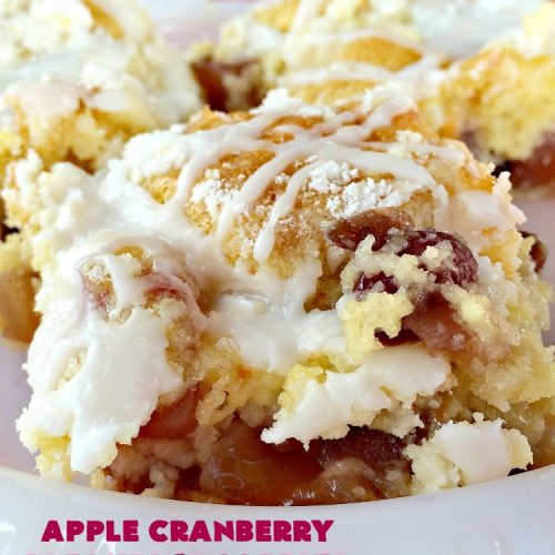 Apple Cranberry Breakfast Cobbler | this amazing #recipe is half #cobbler and half #CoffeeCake. It's made with a can of #AppleCranberryPieFilling & tastes absolutely scrumptious. It's great for a #holiday #breakfast like #Thanksgiving or #Christmas. Every bite will have you drooling! #AppleCranberryBreakfastCobbler #BreakfastCobbler #HolidayBreakfast