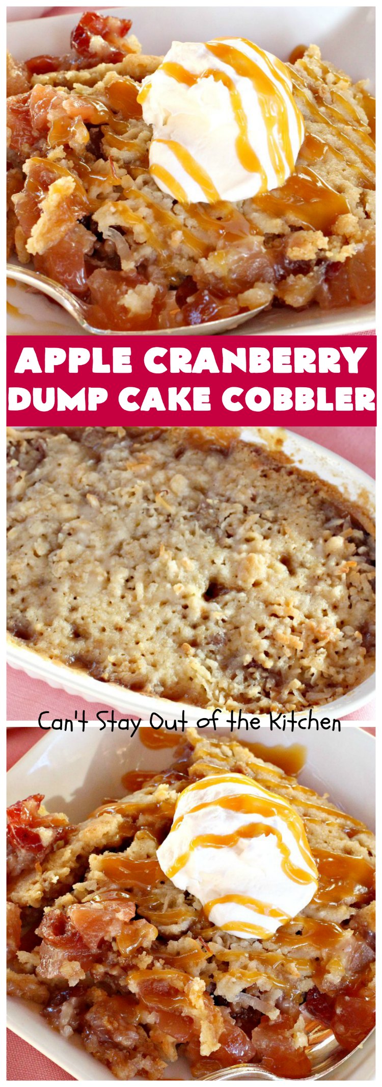 Apple Cranberry Dump Cake Cobbler | Can't Stay Out of the Kitchen | this festive & beautiful #DumpCake #recipe uses only 5 ingredients! It's perfect for a company or #holiday #dessert, especially between #Thanksgiving and #Christmas! #cobbler #AppleCranberryDumpCakeCobbler #coconut #AppleCobbler #AppleCranberryCobbler #pecans 