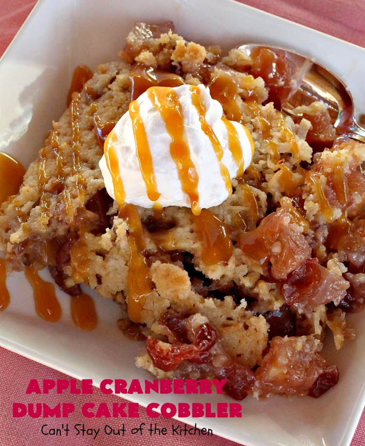 Apple Cranberry Dump Cake Cobbler | Can't Stay Out of the Kitchen | this festive & beautiful #DumpCake #recipe uses only 5 ingredients! It's perfect for a company or #holiday #dessert, especially between #Thanksgiving and #Christmas! #cobbler #AppleCranberryDumpCakeCobbler #coconut #AppleCobbler #AppleCranberryCobbler #pecans