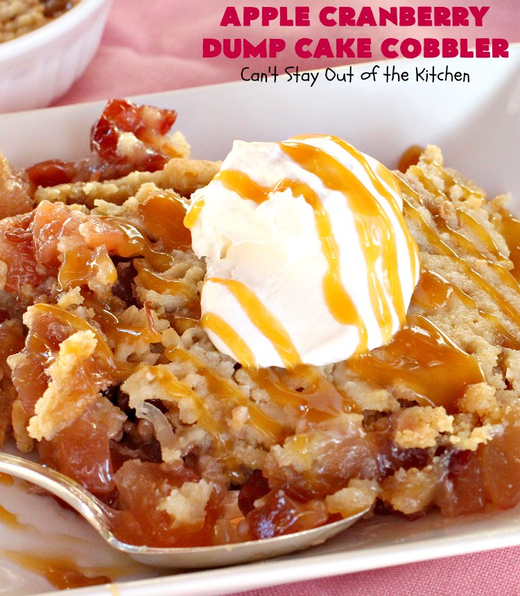 Apple Cranberry Dump Cake Cobbler | Can't Stay Out of the Kitchen | this festive & beautiful #DumpCake #recipe uses only 5 ingredients! It's perfect for a company or #holiday #dessert, especially between #Thanksgiving and #Christmas! #cobbler #AppleCranberryDumpCakeCobbler #coconut #AppleCobbler #AppleCranberryCobbler #pecans