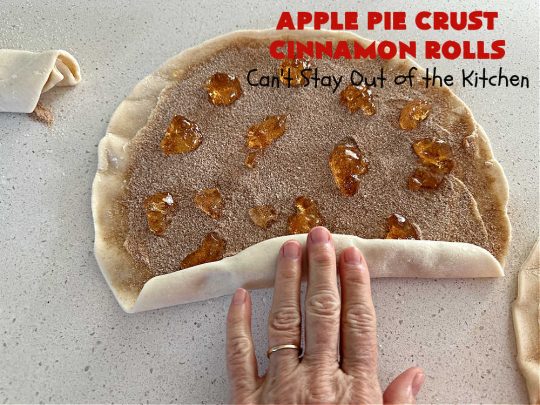 Apple Pie Crust Cinnamon Rolls | Can't Stay Out of the Kitchen | these fantastic #CinnamonRolls are made with #PieCrust & use only 5 ingredients! So easy & delicious. Terrific #brunch or #breakfast treat, but also great for #tailgating parties & potlucks as a #dessert. #AppleJelly #cinnamon #PieCrustCinnamonRolls #apples #5IngredientRecipe #ApplePieCrustCinnamonRolls