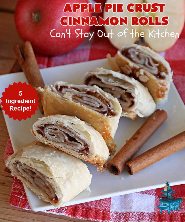 Apple Pie Crust Cinnamon Rolls | Can't Stay Out of the Kitchen | these fantastic #CinnamonRolls are made with #PieCrust & use only 5 ingredients! So easy & delicious. Terrific #brunch or #breakfast treat, but also great for #tailgating parties & potlucks as a #dessert. #AppleJelly #cinnamon #PieCrustCinnamonRolls #apples #5IngredientRecipe #ApplePieCrustCinnamonRolls