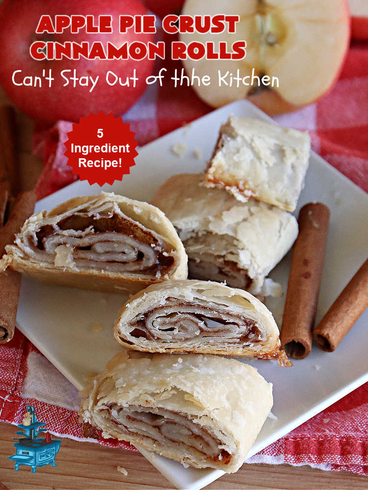 Apple Pie Crust Cinnamon Rolls | Can't Stay Out of the Kitchen | these fantastic #CinnamonRolls are made with #PieCrust & use only 5 ingredients! So easy & delicious. Terrific #brunch or #breakfast treat, but also great for #tailgating parties & potlucks as a #dessert. #AppleJelly #cinnamon #PieCrustCinnamonRolls #apples #5IngredientRecipe #ApplePieCrustCinnamonRolls