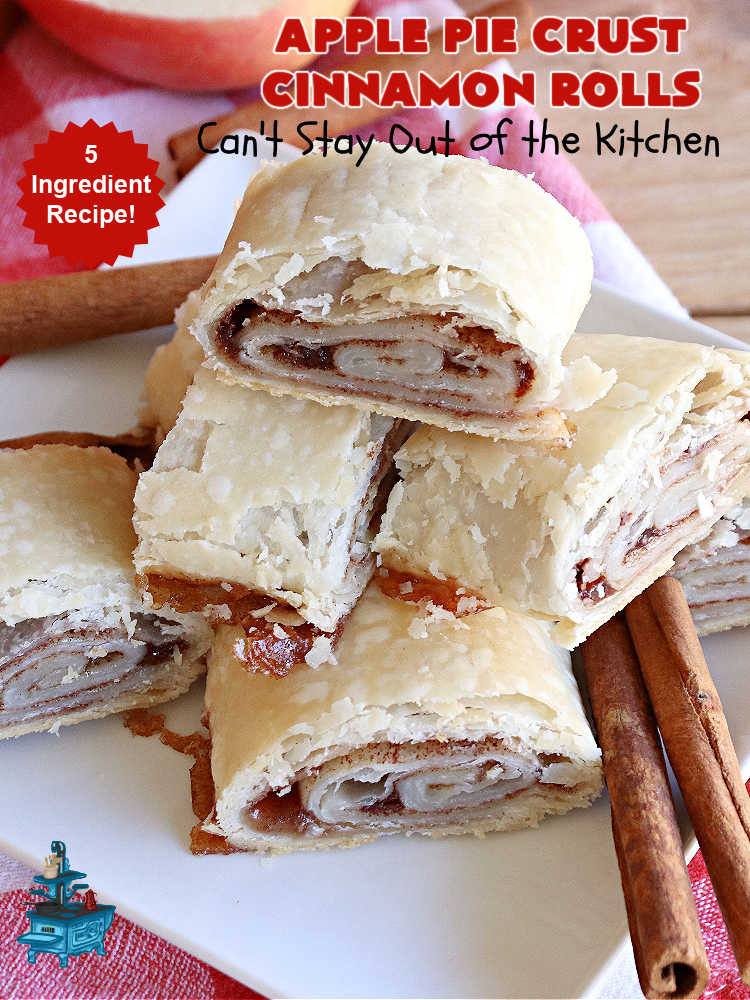 Apple Pie Crust Cinnamon Rolls | Can't Stay Out of the Kitchen | these fantastic #CinnamonRolls are made with #PieCrust & use only 5 ingredients! So easy & delicious. Terrific #brunch or #breakfast treat, but also great for #tailgating parties & potlucks as a #dessert. #AppleJelly #cinnamon #PieCrustCinnamonRolls #apples #5IngredientRecipe #ApplePieCrustCinnamonRolls