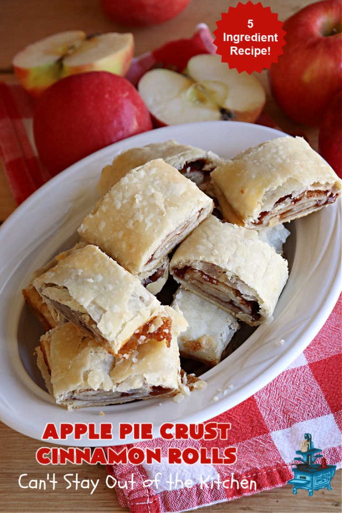 Apple Pie Crust Cinnamon Rolls | Can't Stay Out of the Kitchen | these fantastic #CinnamonRolls are made with #PieCrust & use only 5 ingredients! So easy & delicious. Terrific #brunch or #breakfast treat, but also great for #tailgating parties & potlucks as a #dessert. #AppleJelly #cinnamon #PieCrustCinnamonRolls #apples #5IngredientRecipe #ApplePieCrustCinnamonRolls