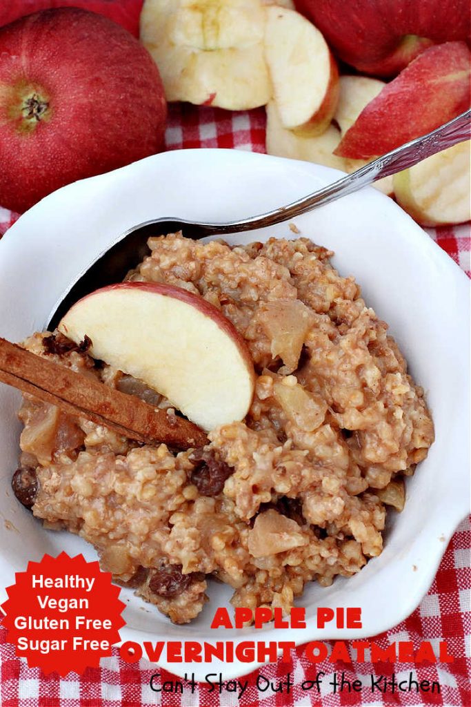 Apple Pie Overnight Oatmeal | Can't Stay Out of the Kitchen | this fantastic #oatmeal #recipe uses steel-cut oats & cooks them up to perfection in the #crockpot. They're filled with #apples & #cinnamon for great #ApplePie flavor. Using a programmable #SlowCooker makes this a wonderful #breakfast idea for a #holiday breakfast too. #healthy, #vegan #GlutenFree #SugarFree #HolidayBreakfast #OvernightOatmeal #ApplePieOvernightOatmeal