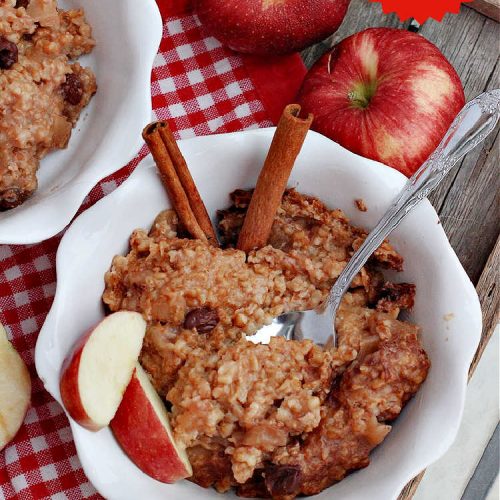 Apple Pie Overnight Oatmeal | Can't Stay Out of the Kitchen | this fantastic #oatmeal #recipe uses steel-cut oats & cooks them up to perfection in the #crockpot. They're filled with #apples & #cinnamon for great #ApplePie flavor. Using a programmable #SlowCooker makes this a wonderful #breakfast idea for a #holiday breakfast too. #healthy, #vegan #GlutenFree #SugarFree #HolidayBreakfast #OvernightOatmeal #ApplePieOvernightOatmeal