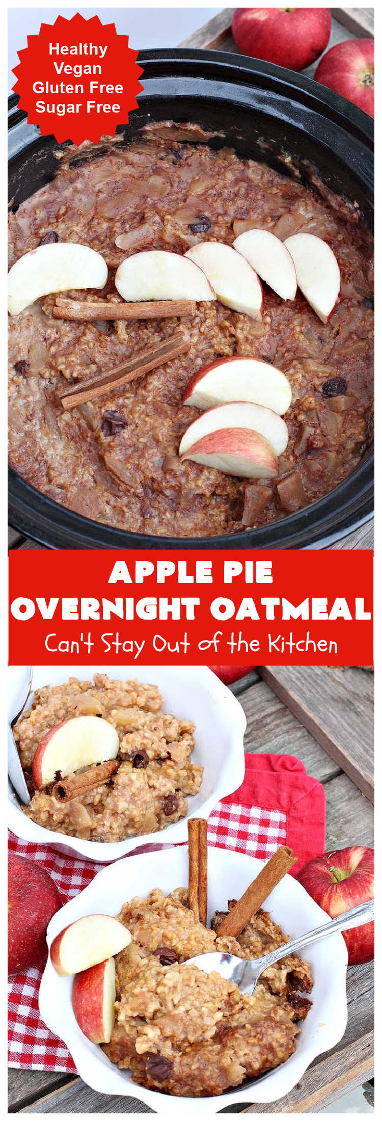 Apple Pie Overnight Oatmeal | Can't Stay Out of the Kitchen | this fantastic #oatmeal #recipe uses steel-cut oats & cooks them up to perfection in the #crockpot. They're filled with #apples & #cinnamon for great #ApplePie flavor. Using a programmable #SlowCooker makes this a wonderful #breakfast idea for a #holiday breakfast too. #healthy, #vegan #GlutenFree #SugarFree #HolidayBreakfast  #OvernightOatmeal #ApplePieOvernightOatmeal