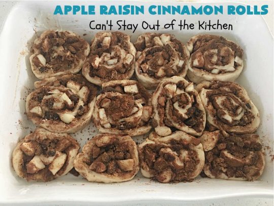 Apple Raisin Cinnamon Rolls | Can't Stay Out of the Kitchen | These luscious #CinnamonRolls are outstanding. They're light, airy, fluffy & yes, irresistible. Perfect for a weekend, company or #holiday #breakfast or #brunch like #Thanksgiving, #Christmas, #Easter or #NewYearsDay. This #NoKnead #Recipe is so easy since it's partially made in the #breadmaker! #HolidayBreakfast #apples #raisins #AppleRaisinCinnamonRolls
