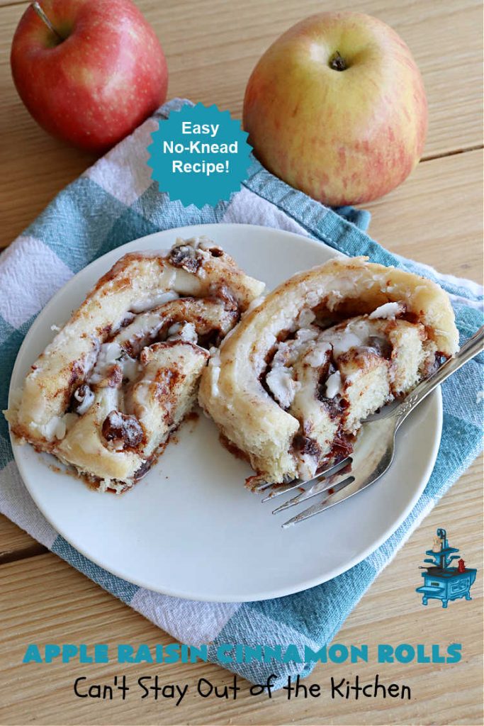 Apple Raisin Cinnamon Rolls | Can't Stay Out of the Kitchen | These luscious #CinnamonRolls are outstanding. They're light, airy, fluffy & yes, irresistible. Perfect for a weekend, company or #holiday #breakfast or #brunch like #Thanksgiving, #Christmas, #Easter or #NewYearsDay. This #NoKnead #Recipe is so easy since it's partially made in the #breadmaker! #HolidayBreakfast #apples #raisins #AppleRaisinCinnamonRolls