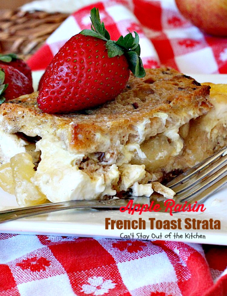 Apple Raisin French Toast Strata | Can't Stay Out of the Kitchen | This amazing #breakfast #casserole is divine! It uses #creamcheese #applepiefilling & #glutenfree cinnamon raisin #bread. Great for #holiday breakfasts.