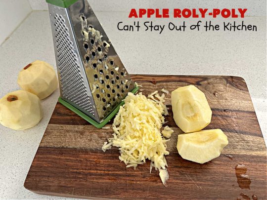 Apply Roly-Poly | Can't Stay Out of the Kitchen | #AppleRolyPoly is one of the best #desserts you'll ever sink your teeth into. This #cobbler-type #dessert rolls up like #PieCrust & is sliced into #pinwheels. It has a #cinnamon #syrup poured over top before #baking. The result has a #cake-like texture & is beyond spectacular. Excellent served with #IceCream. #apples #AppleDessert #AppleCobbler