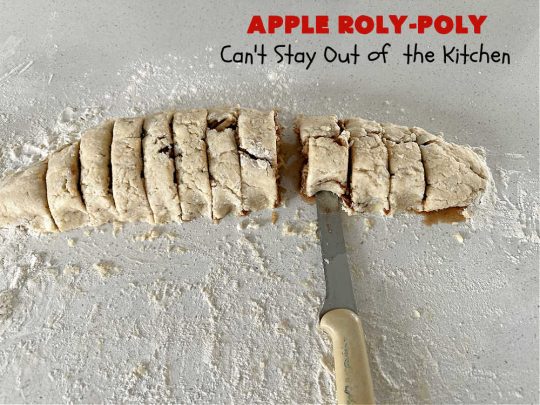 Apply Roly-Poly | Can't Stay Out of the Kitchen | #AppleRolyPoly is one of the best #desserts you'll ever sink your teeth into. This #cobbler-type #dessert rolls up like #PieCrust & is sliced into #pinwheels. It has a #cinnamon #syrup poured over top before #baking. The result has a #cake-like texture & is beyond spectacular. Excellent served with #IceCream. #apples #AppleDessert #AppleCobbler