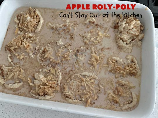 Apply Roly-Poly | Can't Stay Out of the Kitchen | #AppleRolyPoly is one of the best #desserts you'll ever sink your teeth into. This #cobbler-type #dessert rolls up like #PieCrust & is sliced into #pinwheels. It has a #cinnamon #syrup poured over top before #baking. The result has a #cake-like texture & is beyond spectacular. Excellent served with #IceCream. #apples #AppleDessert #AppleCobbler