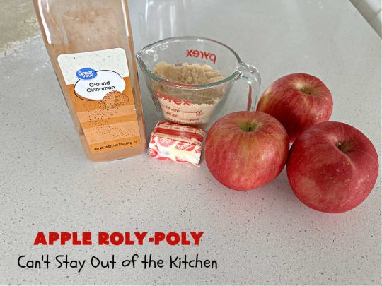 Apply Roly-Poly | Can't Stay Out of the Kitchen | #AppleRolyPoly is one of the best #desserts you'll ever sink your teeth into. This #cobbler-type #dessert rolls up like #PieCrust & is sliced into #pinwheels. It has a #cinnamon #syrup poured over top before #baking. The result has a #cake-like texture & is beyond spectacular. Excellent served with #IceCream. #apples #AppleDessert #AppleCobbler