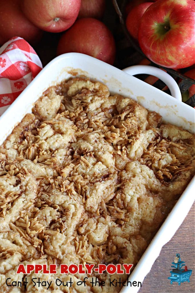 Apply Roly-Poly | Can't Stay Out of the Kitchen | #AppleRolyPoly is one of the best #desserts you'll ever sink your teeth into. This #cobbler-type #dessert rolls up like #PieCrust & is sliced into #pinwheels. It has a #cinnamon #syrup poured over top before #baking. The result has a #cake-like texture & is beyond spectacular. Excellent served with #IceCream. #apples #AppleDessert #AppleCobbler