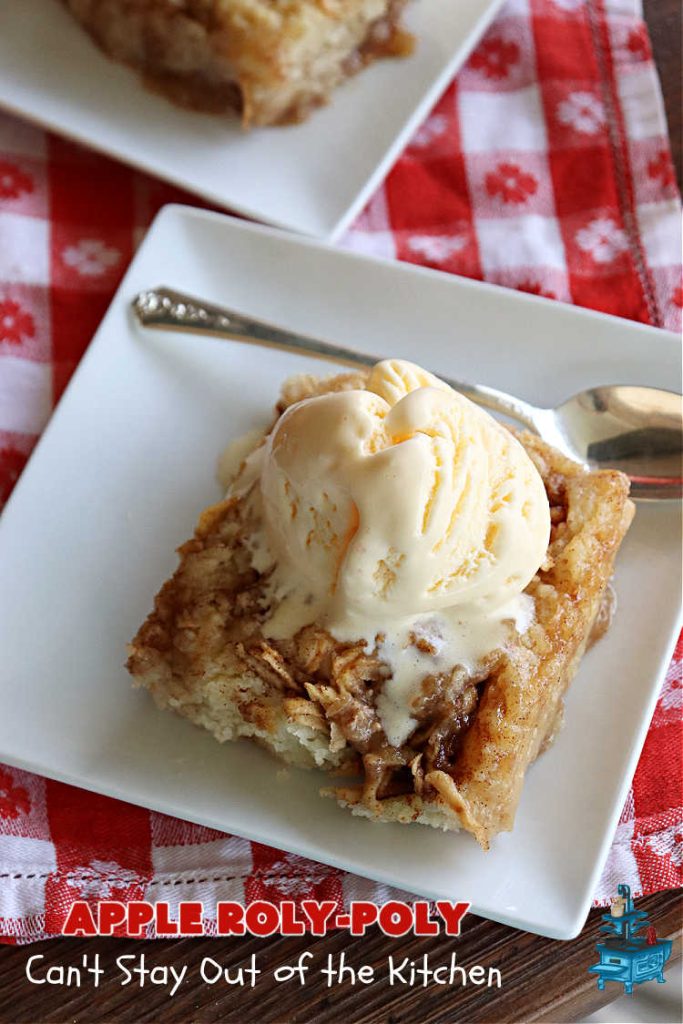 Apply Roly-Poly | Can't Stay Out of the Kitchen | #AppleRolyPoly is one of the best #desserts you'll ever sink your teeth into. This #cobbler-type #dessert rolls up like #PieCrust & is sliced into #pinwheels. It has a #cinnamon #syrup poured over top before #baking. The result has a #cake-like texture & is beyond spectacular. Excellent served with #IceCream. #apples #AppleDessert #AppleCobbler
