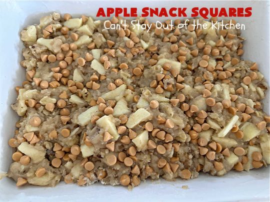 Apple Snack Squares | Can't Stay Out of the Kitchen | these ooey-gooey #cookies are filled with #apples, #walnuts & #ButterscotchChips. Every irresistible bite is a delight to the taste buds. Excellent #dessert for #tailgating parties, #potlucks, #BackyardBarbecues or #FallBaking. #AppleDessert #ButterscotchDessert #brownies #blondies #AppleSnackSquares