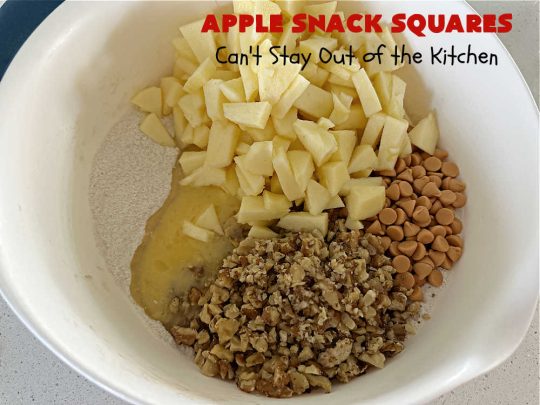 Apple Snack Squares | Can't Stay Out of the Kitchen | these ooey-gooey #cookies are filled with #apples, #walnuts & #ButterscotchChips. Every irresistible bite is a delight to the taste buds. Excellent #dessert for #tailgating parties, #potlucks, #BackyardBarbecues or #FallBaking. #AppleDessert #ButterscotchDessert #brownies #blondies #AppleSnackSquares