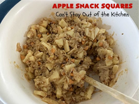 Apple Snack Squares | Can't Stay Out of the Kitchen | these ooey-gooey #cookies are filled with #apples, #walnuts & #ButterscotchChips. Every irresistible bite is a delight to the taste buds. Excellent #dessert for #tailgating parties, #potlucks, #BackyardBarbecues or #FallBaking. #AppleDessert #ButterscotchDessert #brownies #blondies #AppleSnackSquares