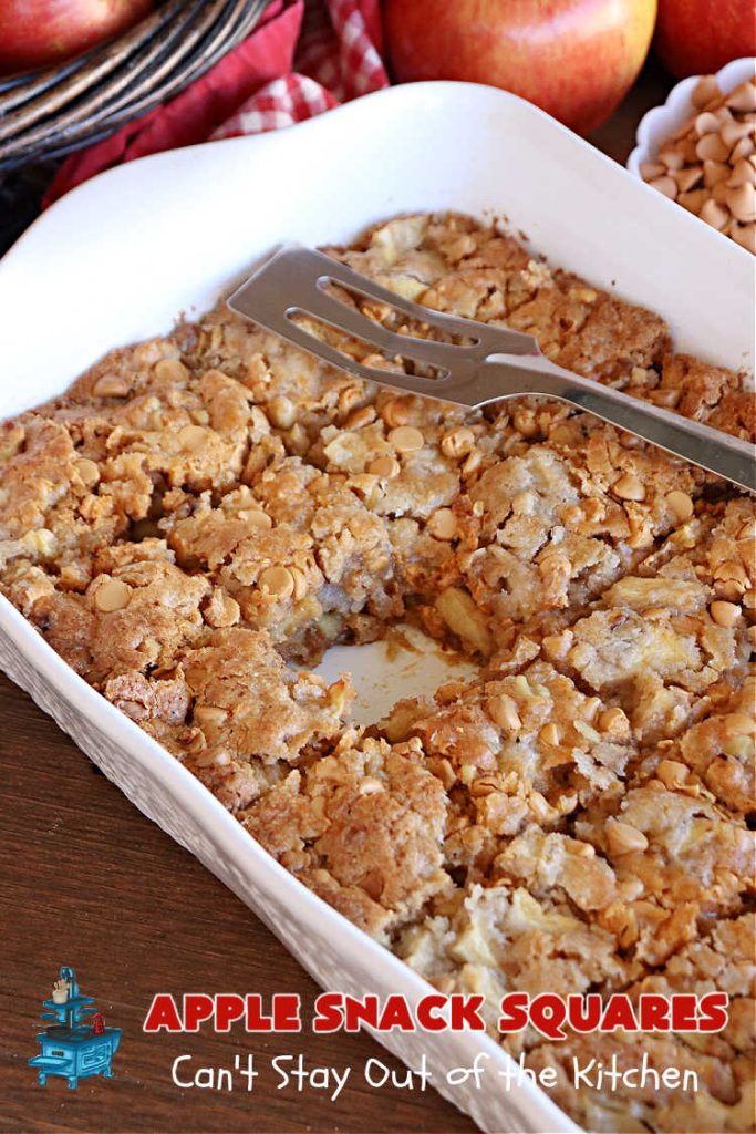 Apple Snack Squares | Can't Stay Out of the Kitchen | these ooey-gooey #cookies are filled with #apples, #walnuts & #ButterscotchChips. Every irresistible bite is a delight to the taste buds. Excellent #dessert for #tailgating parties, #potlucks, #BackyardBarbecues or #FallBaking. #AppleDessert #ButterscotchDessert #brownies #blondies #AppleSnackSquares