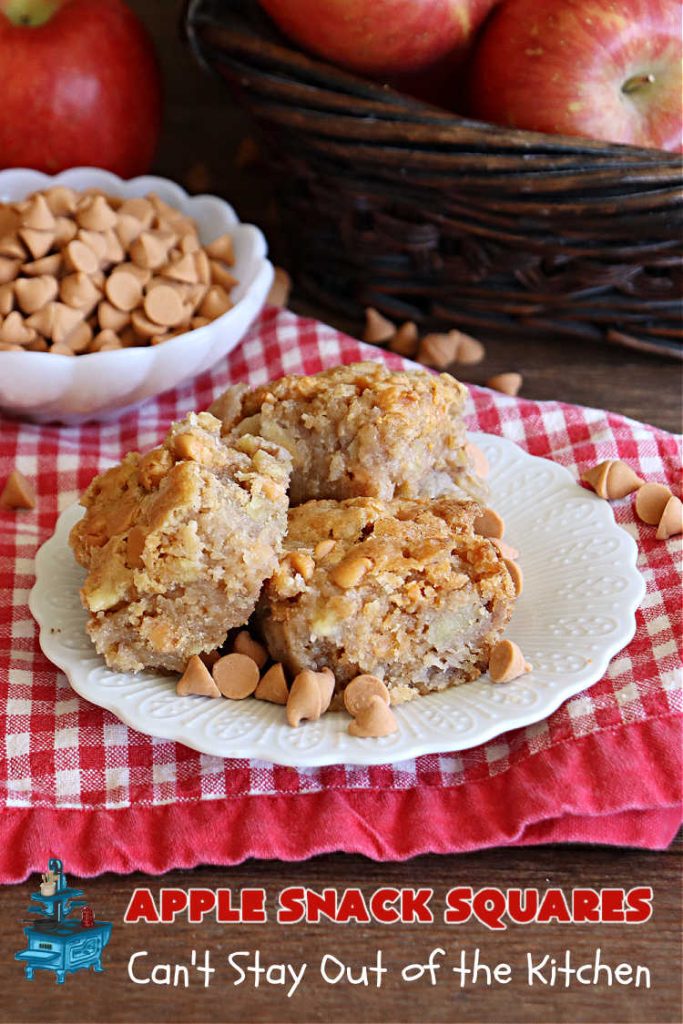 Apple Snack Squares | Can't Stay Out of the Kitchen | these ooey-gooey #cookies are filled with #apples, #walnuts & #ButterscotchChips. Every irresistible bite is a delight to the taste buds. Excellent #dessert for #tailgating parties, #potlucks, #BackyardBarbecues or #FallBaking. #AppleDessert #ButterscotchDessert #brownies #blondies #AppleSnackSquares