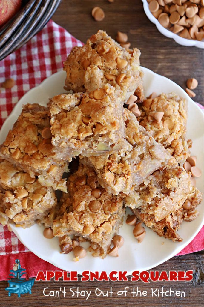 Apple Snack Squares | Can't Stay Out of the Kitchen | these ooey-gooey #cookies are filled with #apples, #walnuts & #ButterscotchChips. Every irresistible bite is a delight to the taste buds. Excellent #dessert for #tailgating parties, #potlucks, #BackyardBarbecues or #FallBaking. #AppleDessert #ButterscotchDessert #brownies #blondies #AppleSnackSquares