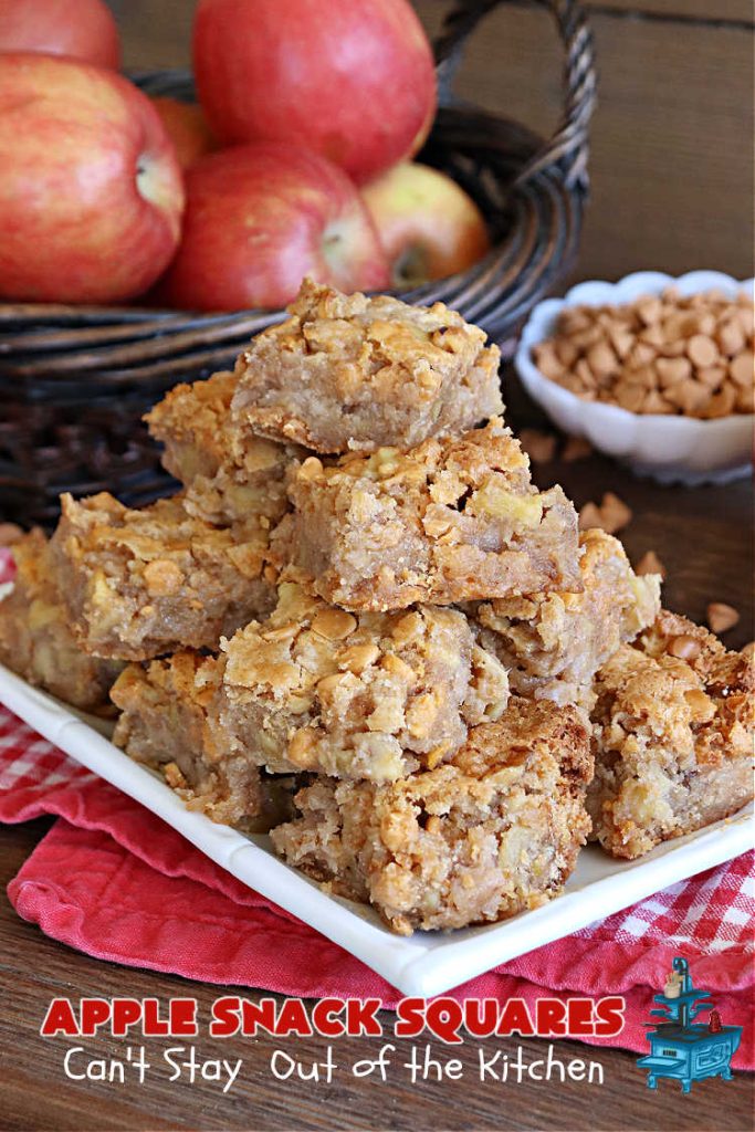 Apple Snack Squares | Can't Stay Out of the Kitchen | these ooey-gooey #cookies are filled with #apples, #walnuts & #ButterscotchChips. Every irresistible bite is a delight to the taste buds. Excellent #dessert for #tailgating parties, #potlucks, #BackyardBarbecues or #FallBaking. #AppleDessert #ButterscotchDessert #brownies #blondies #AppleSnackSquares