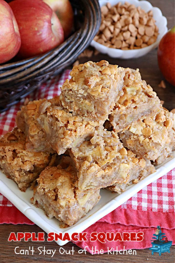 Apple Snack Squares | Can't Stay Out of the Kitchen | these ooey-gooey #cookies are filled with #apples, #walnuts & #ButterscotchChips. Every irresistible bite is a delight to the taste buds. Excellent #dessert for #tailgating parties, #potlucks, #BackyardBarbecues or #FallBaking. #AppleDessert #ButterscotchDessert #brownies #blondies #AppleSnackSquares