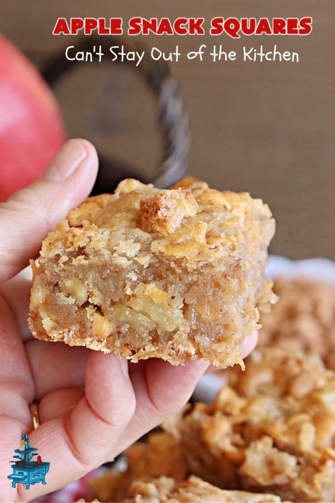 Apple Snack Squares | Can't Stay Out of the Kitchen | these ooey-gooey #cookies are filled with #apples, #walnuts & #ButterscotchChips. Every irresistible bite is a delight to the taste buds. Excellent #dessert for #tailgating parties, #potlucks, #BackyardBarbecues or #FallBaking. #AppleDessert #ButterscotchDessert #brownies #blondies #AppleSnackSquares