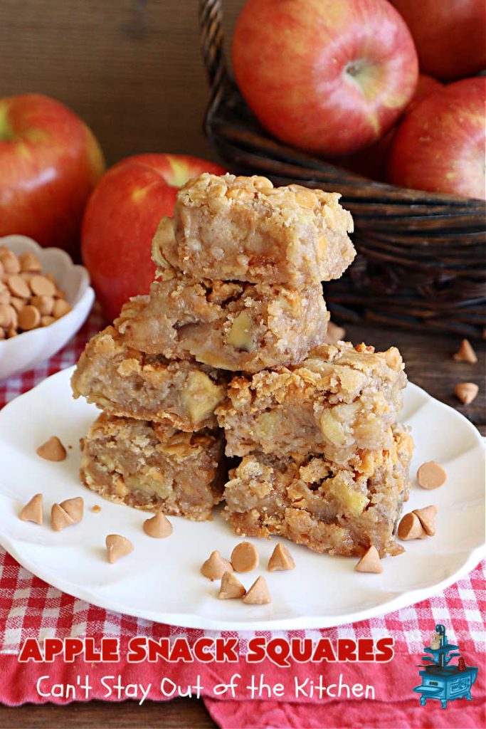 Apple Snack Squares | Can't Stay Out of the Kitchen | these ooey-gooey #cookies are filled with #apples, #walnuts & #ButterscotchChips. Every irresistible bite is a delight to the taste buds. Excellent #dessert for #tailgating parties, #potlucks, #BackyardBarbecues or #FallBaking. #AppleDessert #ButterscotchDessert #brownies #blondies #AppleSnackSquares