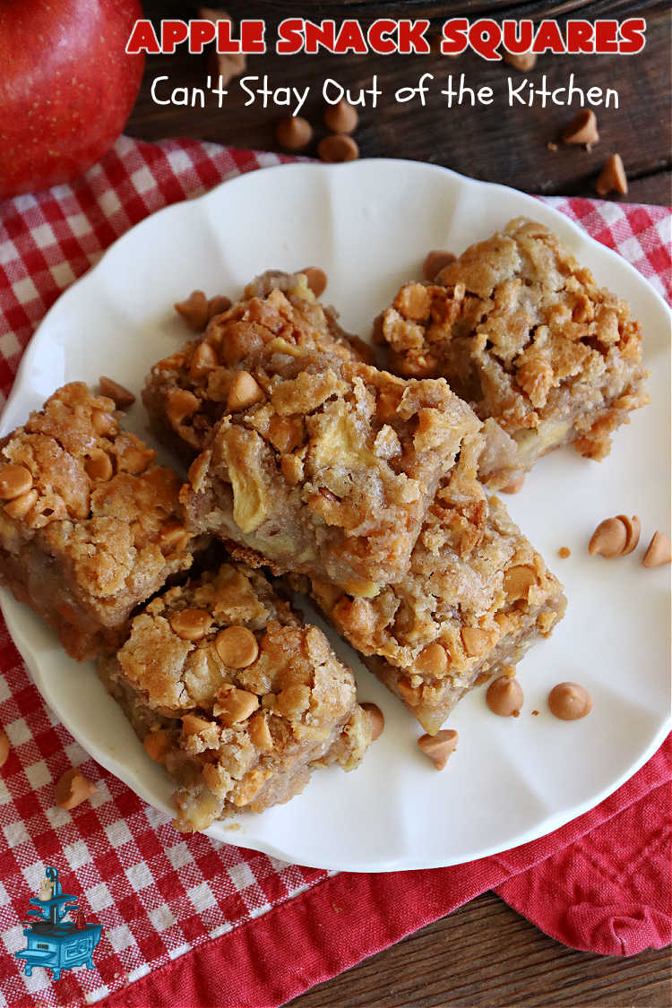 Apple Snack Squares | Can't Stay Out of the Kitchen | these ooey-gooey #cookies are filled with #apples, #walnuts & #ButterscotchChips. Every irresistible bite is a delight to the taste buds. Excellent #dessert for #tailgating parties, #potlucks, #BackyardBarbecues or #FallBaking. #AppleDessert #ButterscotchDessert #brownies #blondies #AppleSnackSquares