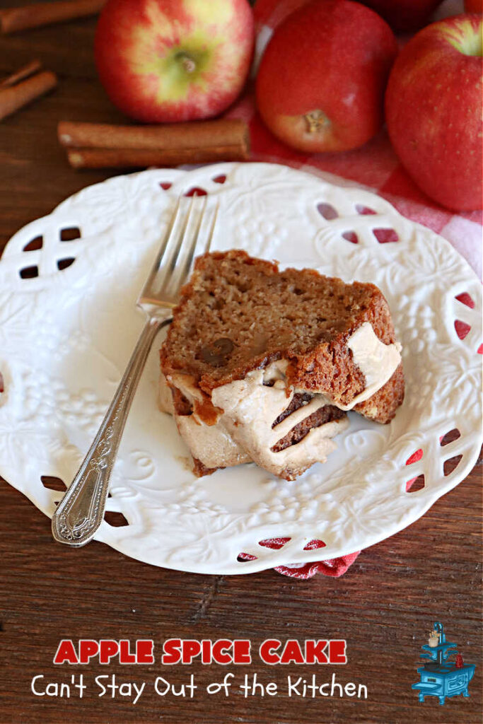 Apple Spice Cake | Can't Stay Out of the Kitchen | this easy #SpiceCake #recipe can be whipped up so easily since it uses only a handful of ingredients in the #cake as well as the #icing. Plus, you don't have to peel #apples! Perfect for #potlucks #FallBaking #holiday or company dinners or anytime you want a sweet treat. #cinnamon #applesauce #AppleDessert #AppleSpiceCake