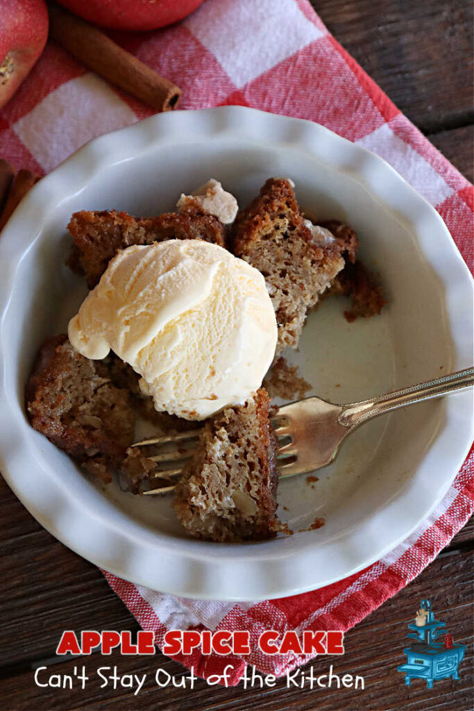 Apple Spice Cake | Can't Stay Out of the Kitchen | this easy #SpiceCake #recipe can be whipped up so easily since it uses only a handful of ingredients in the #cake as well as the #icing. Plus, you don't have to peel #apples! Perfect for #potlucks #FallBaking #holiday or company dinners or anytime you want a sweet treat. #cinnamon #applesauce #AppleDessert #AppleSpiceCake