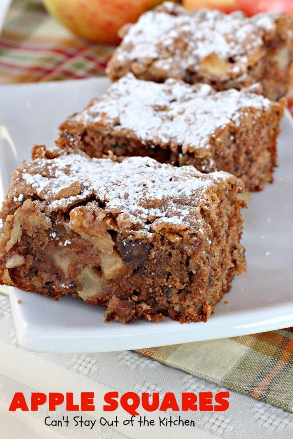 Apple Squares | Can't Stay Out of the Kitchen | this delightful #recipe is just in time for #fall harvest! These #AppleSquares just seem to melt in your mouth. They're a wonderful #dessert for any occasion & not difficult to make. #tailgating #FallBaking #apples #Cookies #brownies #baking #HolidayBaking
