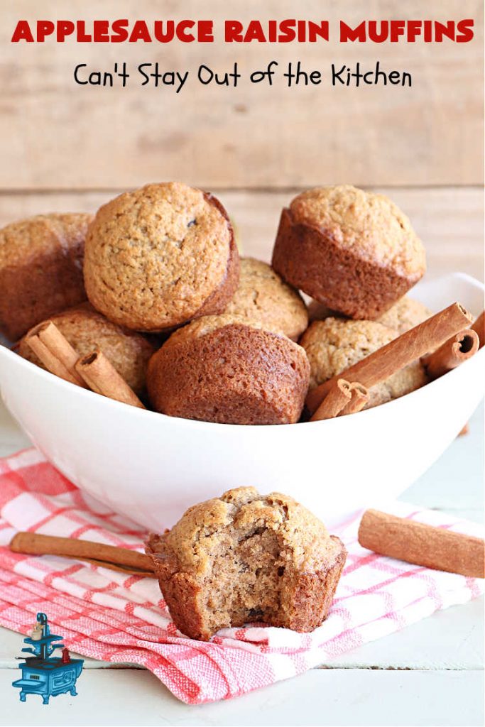 Applesauce Raisin Muffins | Can't Stay Out of the Kitchen | these lovely #muffins are filled with #applesauce, #raisins, #cinnamon & #allspice to give them flavor. Every bite is heavenly. Great for a weekend, company or #holiday #breakfast or #brunch. #apples #ApplesauceRaisinMuffins