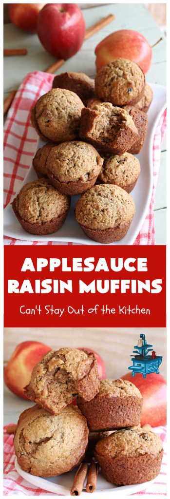 Applesauce Raisin Muffins | Can't Stay Out of the Kitchen | these lovely #muffins are filled with #applesauce, #raisins, #cinnamon & #allspice to give them flavor. Every bite is heavenly. Great for a weekend, company or #holiday #breakfast or #brunch. #apples #ApplesauceRaisinMuffins