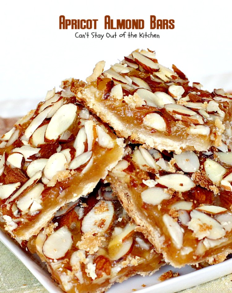 Apricot Almond Bars | Can't Stay Out of the Kitchen | these #cookie bars are fantastic. #Apricot preserves are layered on a shortbread crust and sprinkled with #almonds. We love to make these for the #holidays. #dessert