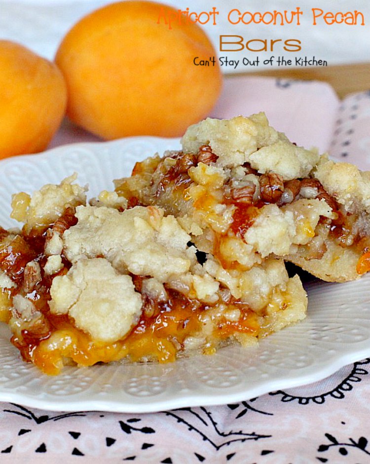 Apricot Coconut Pecan Bars | Can't Stay Out of the Kitchen | exquisite and heavenly #dessert with a #coconut shorbread crust, #apricotpreserves, #pecans & streusel topping. #cookie #apricots