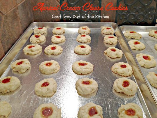 Apricot Cream Cheese Cookies | Can't Stay Out of the Kitchen | scrumptious #shortbread #cookie with #apricotpreserves in the center. Great for #holiday #baking. #apricots #creamcheese #dessert