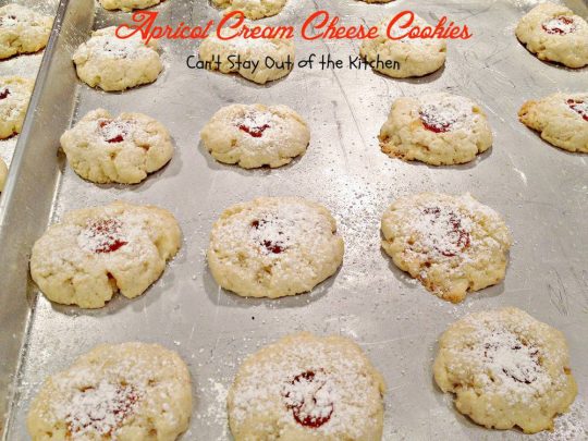 Apricot Cream Cheese Cookies | Can't Stay Out of the Kitchen | scrumptious #shortbread #cookie with #apricotpreserves in the center. Great for #holiday #baking. #apricots #creamcheese #dessert