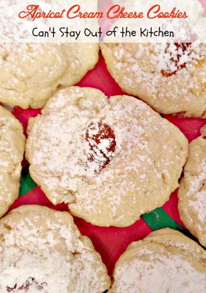 Apricot Cream Cheese Cookies | Can't Stay Out of the Kitchen | scrumptious #shortbread #cookie with #apricotpreserves in the center. Great for #holiday #baking. #apricots #creamcheese #dessert