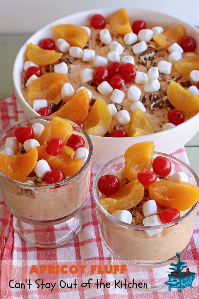 Apricot Fluff | Can't Stay Out of the Kitchen | this festive & elegant fluff-type #FruitSalad is made with #CreamCheese #VanillaPudding, #apricots, #pineapple, #marshmallows, #CoolWhip & #ApricotJello. It's a terrific #salad for company or #holiday dinners, potlucks, backyard BBQs or an family get-together. #ApricotFluff #GlutenFree