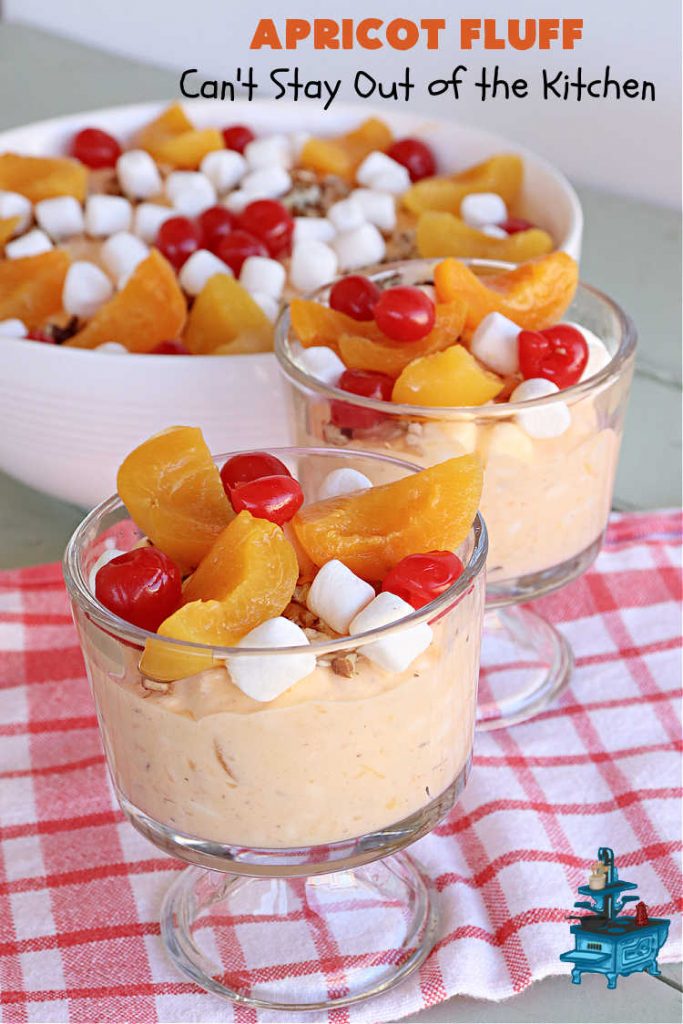 Apricot Fluff | Can't Stay Out of the Kitchen | this festive & elegant fluff-type #FruitSalad is made with #CreamCheese #VanillaPudding, #apricots, #pineapple, #marshmallows, #CoolWhip & #ApricotJello. It's a terrific #salad for company or #holiday dinners, potlucks, backyard BBQs or an family get-together. #ApricotFluff #GlutenFreeApricot Fluff | Can't Stay Out of the Kitchen | this festive & elegant fluff-type #FruitSalad is made with #CreamCheese #VanillaPudding, #apricots, #pineapple, #marshmallows, #CoolWhip & #ApricotJello. It's a terrific #salad for company or #holiday dinners, potlucks, backyard BBQs or an family get-together. #ApricotFluff #GlutenFree