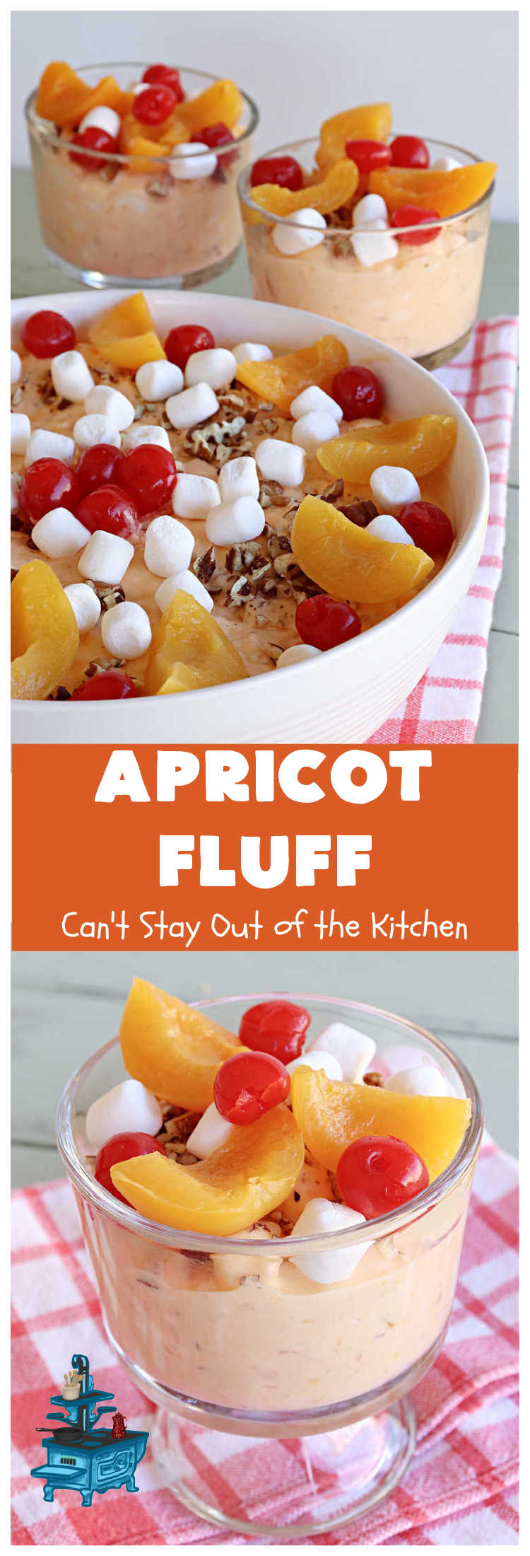Apricot Fluff | Can't Stay Out of the Kitchen | this festive & elegant fluff-type #FruitSalad is made with #CreamCheese #VanillaPudding, #apricots, #pineapple, #marshmallows, #CoolWhip & #ApricotJello. It's a terrific #salad for company or #holiday dinners, potlucks, backyard BBQs or an family get-together. #ApricotFluff #GlutenFree