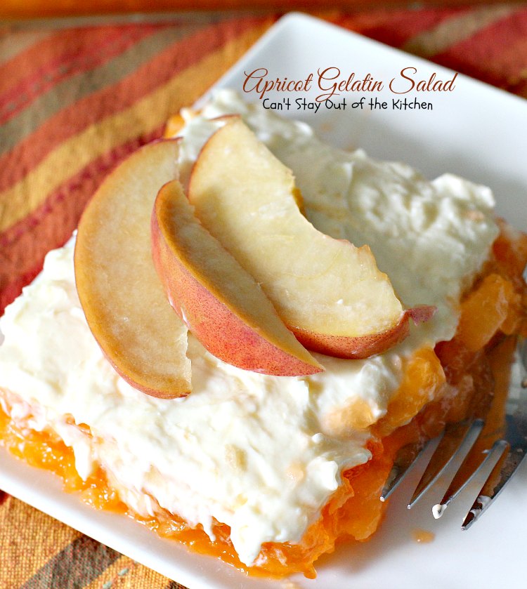 Apricot Gelatin Salad | Can't Stay Out of the Kitchen | this creamy #apricot #Jello #salad is one of our favorite summer salads. It's wonderful for #MemorialDay & other #holiday fun. #pineapple #bananas