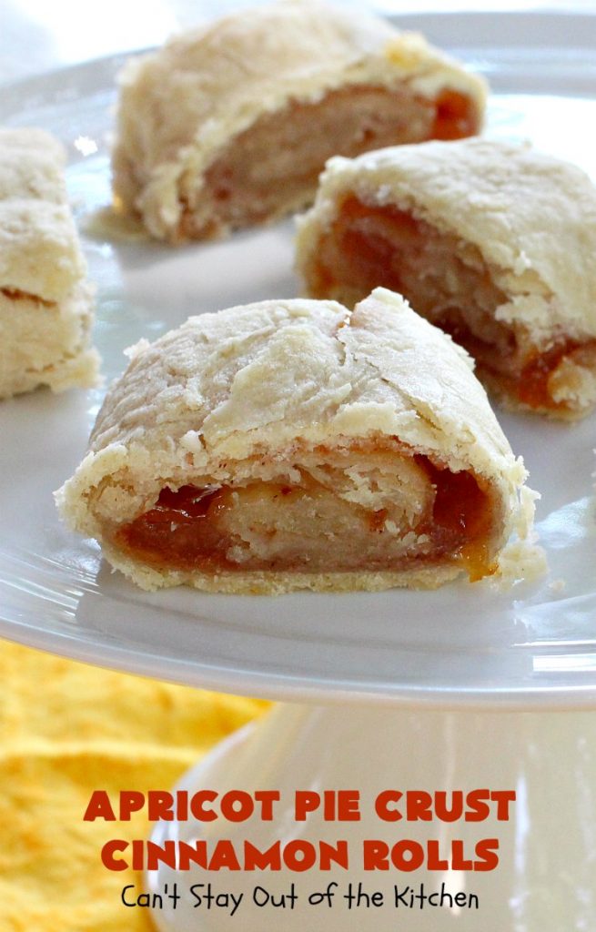 Apricot Pie Crust Cinnamon Rolls | Can't Stay Out of the Kitchen | these fantastic #CinnamonRolls are made with #PieCrust & #ApricotJam. They're really spectacular for a weekend, company or #holiday #breakfast. Every bite will have you drooling! #cinnamon #HolidayBreakfast #Christmas #NewYearsDay #ApricotPieCrustCinnamonRolls