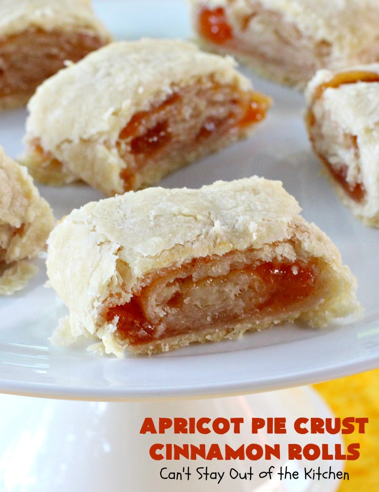 Apricot Pie Crust Cinnamon Rolls | Can't Stay Out of the Kitchen | these fantastic #CinnamonRolls are made with #PieCrust & #ApricotJam. They're really spectacular for a weekend, company or #holiday #breakfast. Every bite will have you drooling! #cinnamon #HolidayBreakfast #Christmas #NewYearsDay #ApricotPieCrustCinnamonRolls
