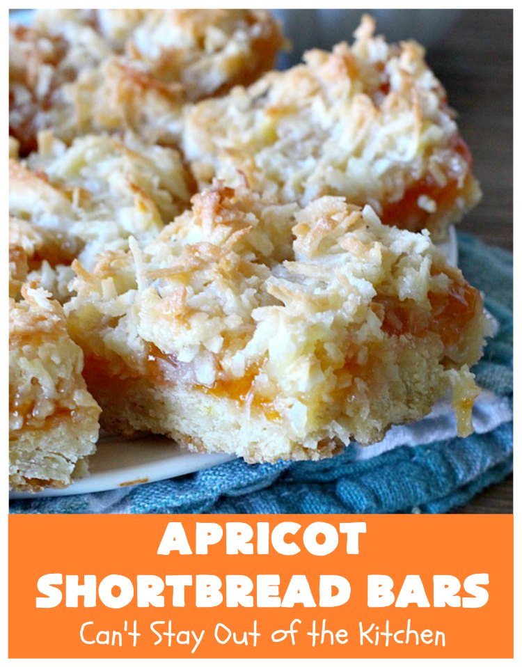 Apricot Shortbread Bars | these luscious #cookies have a #shortbread crust, spread with #Apricot jelly & topped with a scrumptious #coconut topping. Terrific for #tailgating parties, potlucks or #ChristmasCookieExchanges. #dessert #ApricotDessert #HolidayDessert #ApricotShortbreadBars